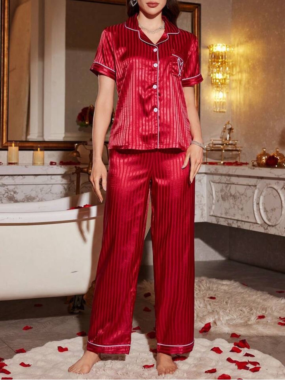 Satin Striped Heart Red Pajama